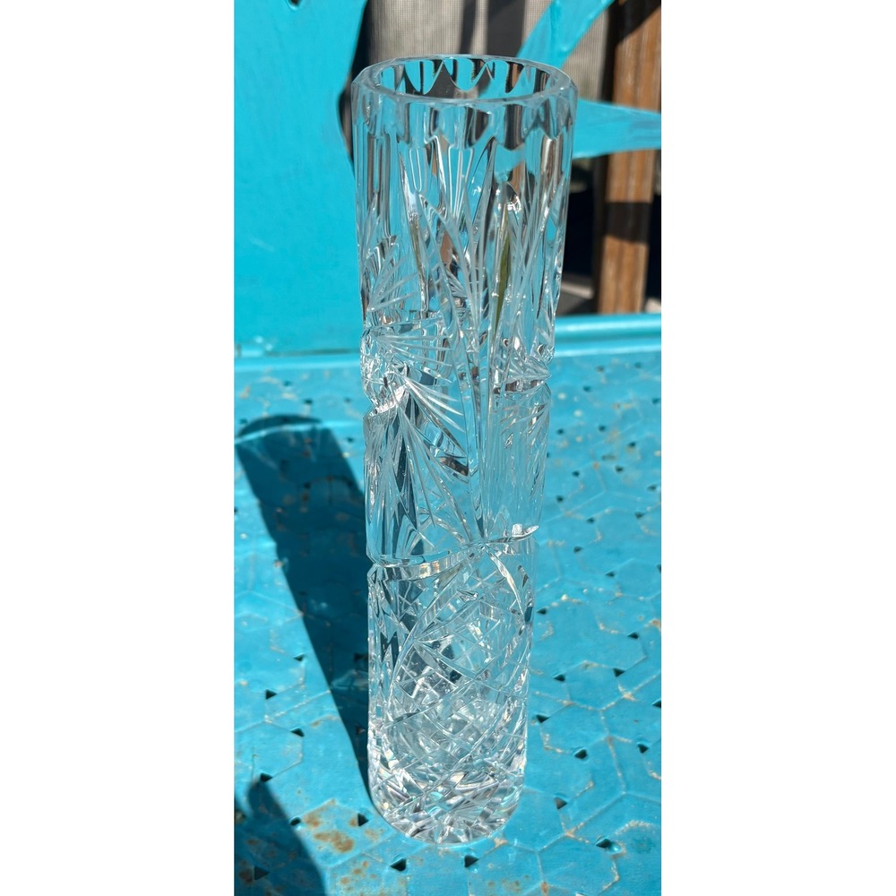 Vtg Sklarny Bohemia Cut Crystal Bud Vase 10" Tall Cylinder Queens Lace Pattern
